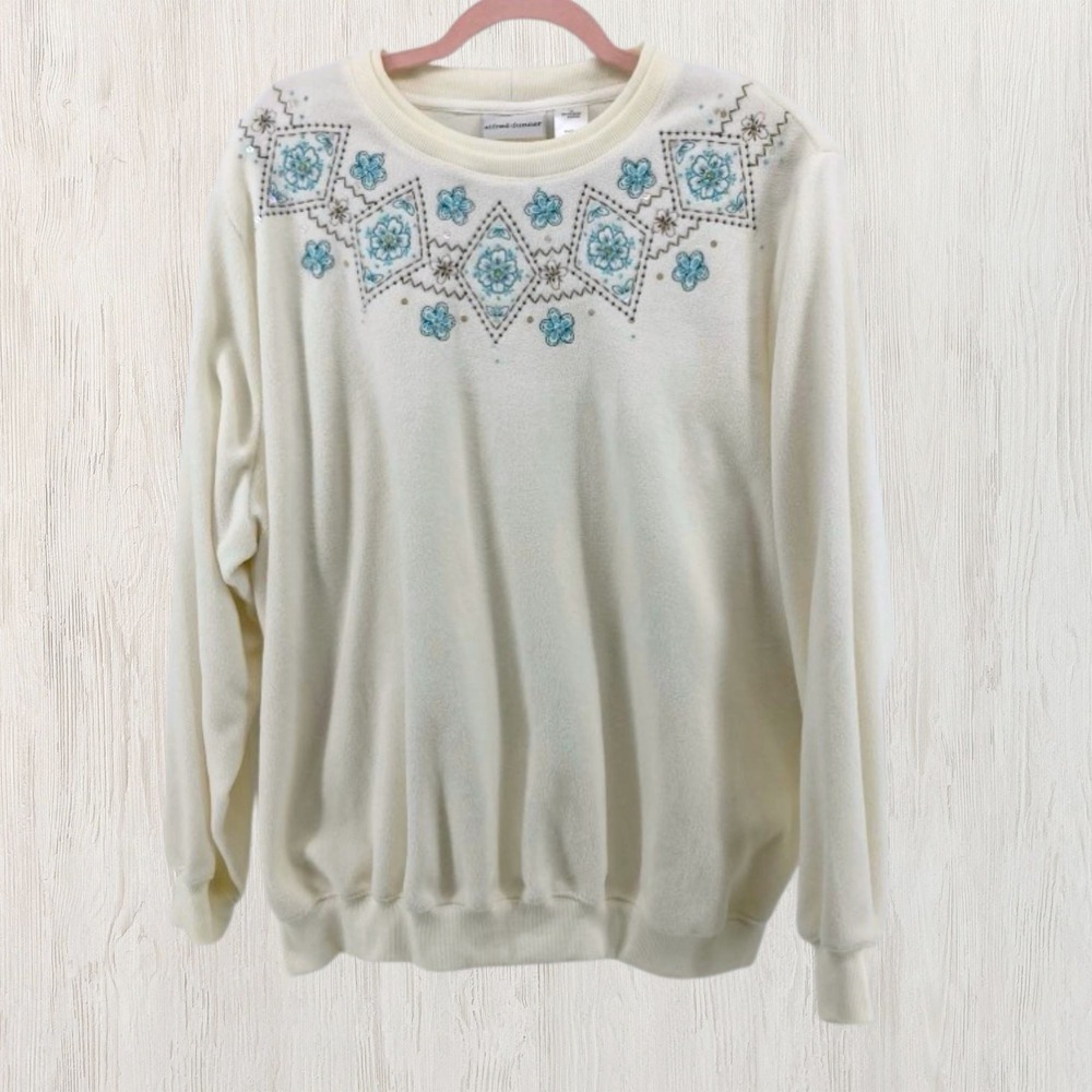 Alfred Dunner Woman 2X Fleece Sweatshirt Cream Floral‎ Embroidered Bead Pullover